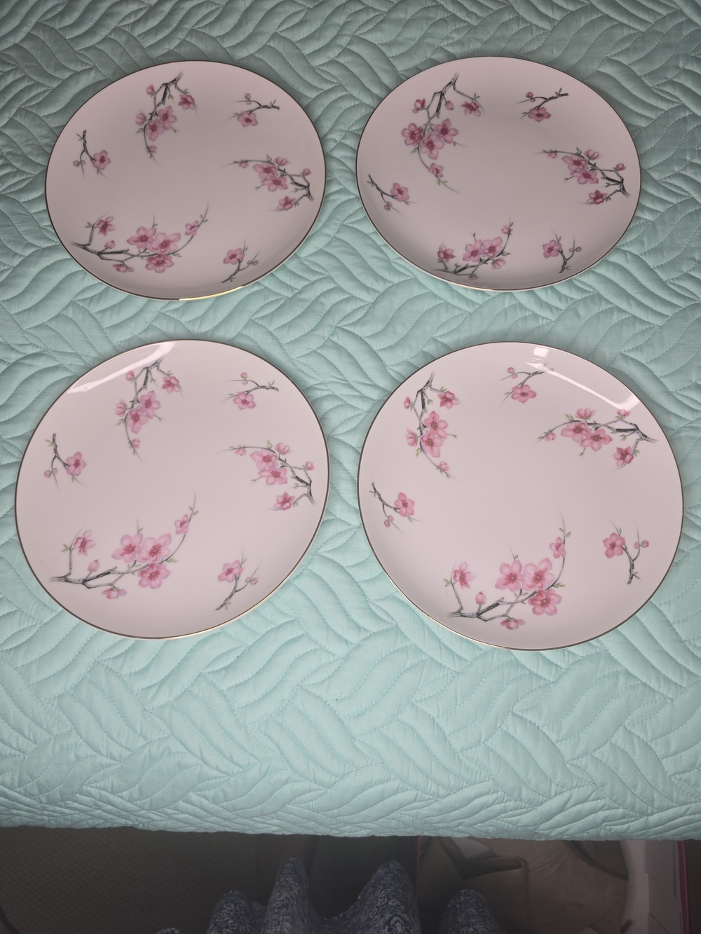 Vintage Diamond China Pink Cherry Blossom Porcelain Luncheon Plates - Set of 4